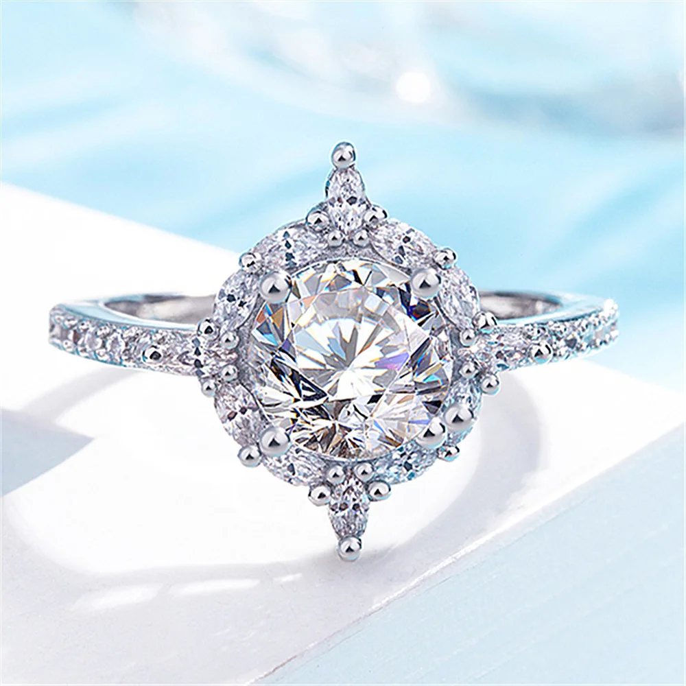 New Inlaid Round Super Shiny Big Diamond Ring Classic Temperament Diamond Ring Popular High Quality Wedding Bridal Jewelry