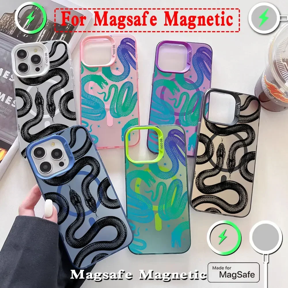 Cute Doodle Funny Snake Magsafe Magnetic Phone Case for IPhone 11 12 13 14 15 16 Pro Max Plus Lens Creative Border Plated Cover