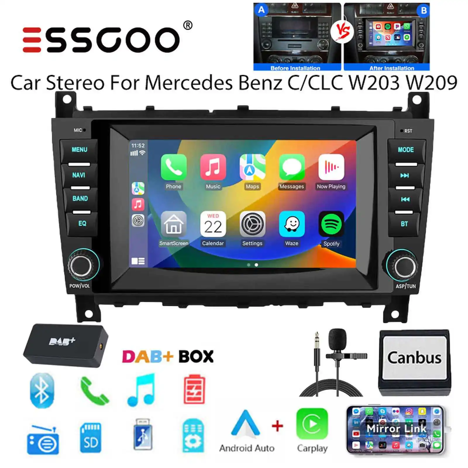 ESSGOO Autoradio 2+32G Bluetooth Android 15met Draadloze CarPlay, Android Auto, RDS, GPS Navi, Camera voor Mercedes Benz C/CLC Klasse W203, W209. Complete Multimedia-oplossing voor jouw Auto.