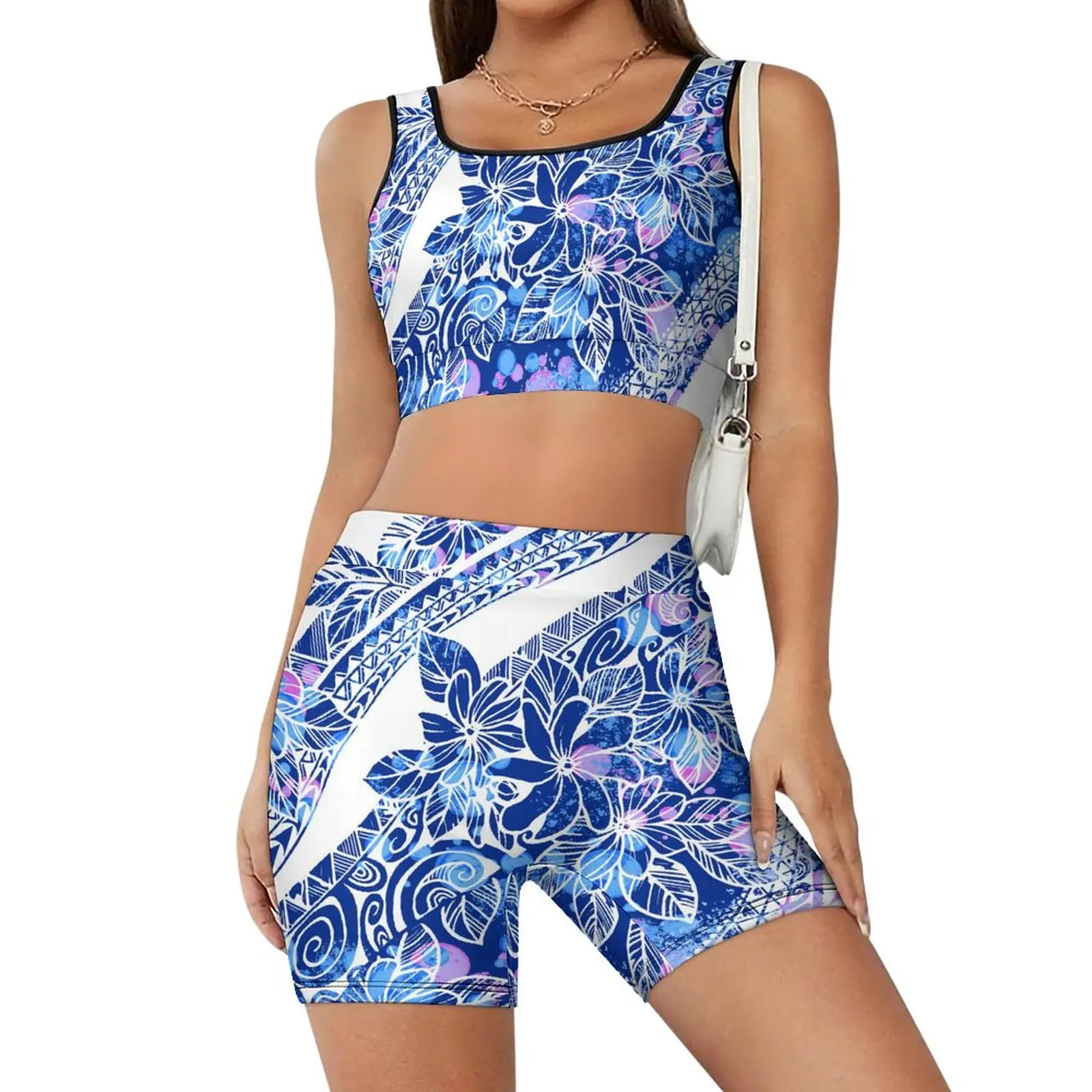 Temperament Tight Sleeveless Top High-Waisted Shorts Women'S Summer Breathable Yoga Suit Custom Polynesian Traditional Print