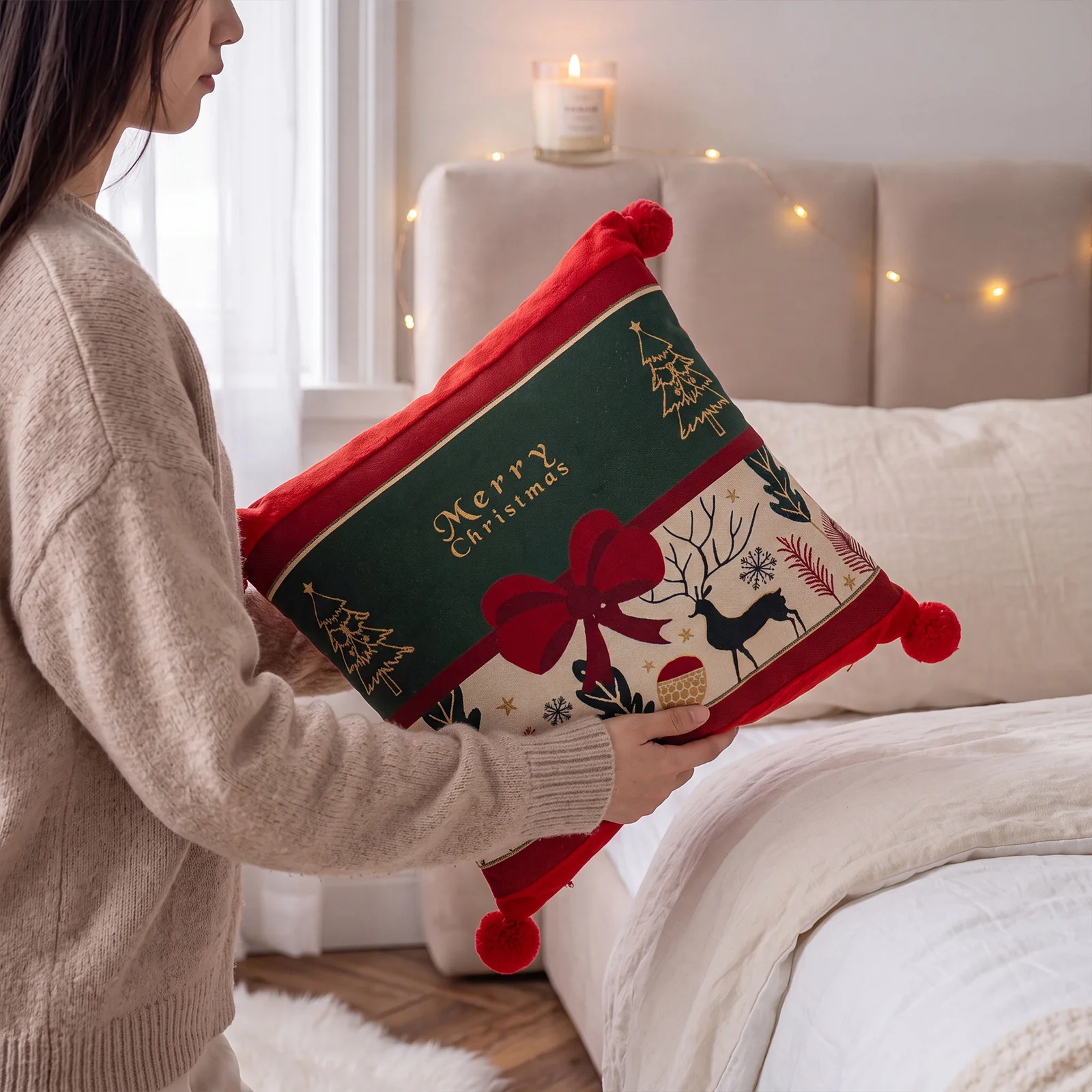 Weihnachtsroter Jacquard-Kissenbezug mit Cartoon-Elch- und Schneeflocken-Motiv, Plüsch-Sofadekoration, Kissenbezüge 45x45cm – Detail 6