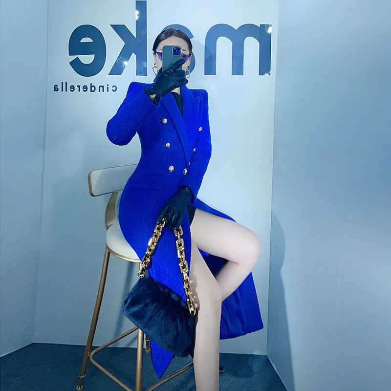 

Blue woolen coat women's mid length 2023 new autumn and winter slim fitting double breasted woolen coat women