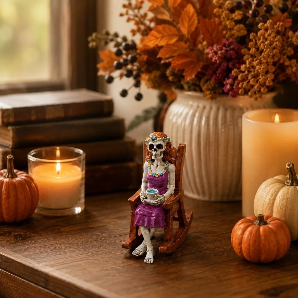 Hand Painted Skeleton Figurine Lightweight 3D Design Skull Rocking Chair Vibrant Colors Eco-Friendly Halloween Desk Decor
