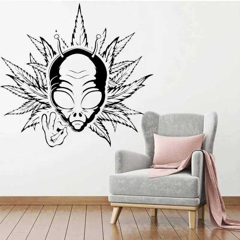 Tobacco Leaf Wall Sticker Abstract Alien Smoking Electronic Cigarette Shop Glass Window Decoration Home Dress Up Vinyl Decal M2