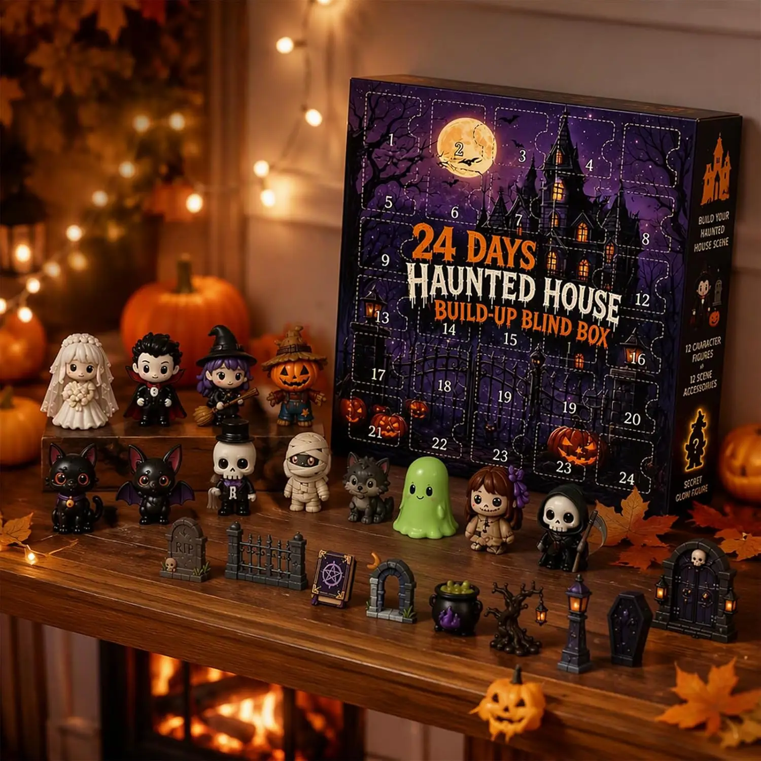Halloween Advent Calendar 2026, 24 Days of Spooky Countdown Box with 24 Mini Figurines for Halloween Party Favors Holiday Gift