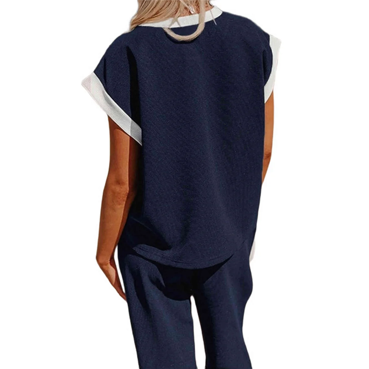 ABQR 여성 여름 라운지 세트 의상 반팔 풀오버 탑 와이드 레그 롱 팬츠 트랙슈트 네이비 블루 + 베이지 화이트 XL