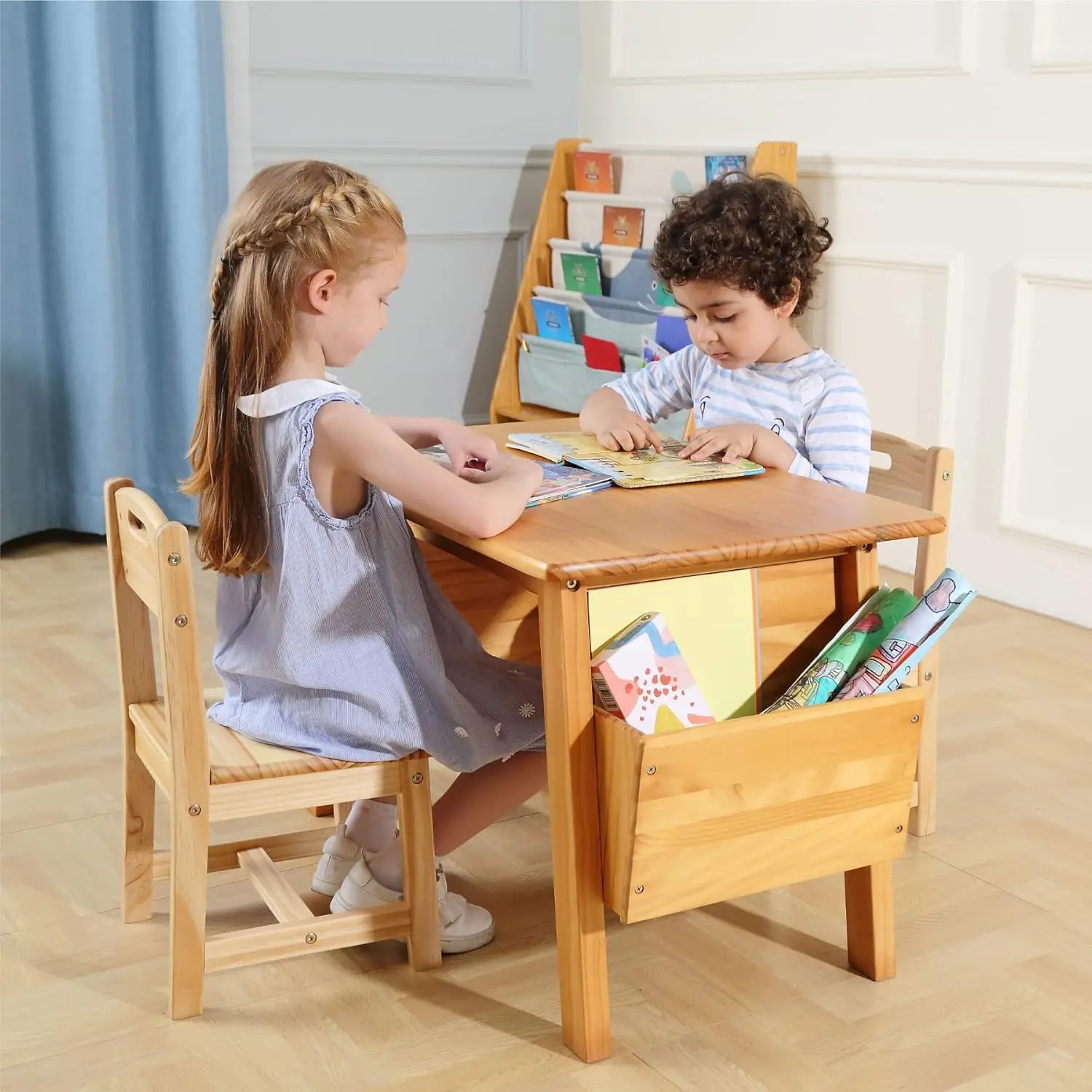 Wood Table and 2 Chair Set with Storage Desk and Chair Set for Children Toddler Activity Table (Solid Wood/Natural)