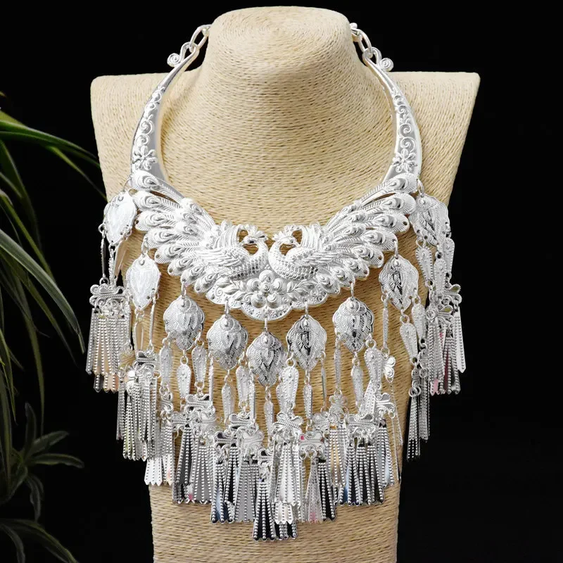 Miao Jewellery Chinese Traditional Retro Miao Silver Dance Wear Accessories Chain Pendant Hmong Necklace Jewelry For Women