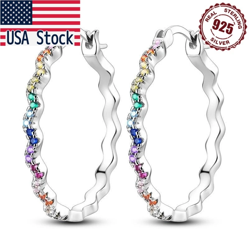 

MISEFF 925 Sterling Silver Hoop Earrings Colour Wave Pattern Big Earrings Simple Hoop Earrings Birthday Party Gifts Jewelry