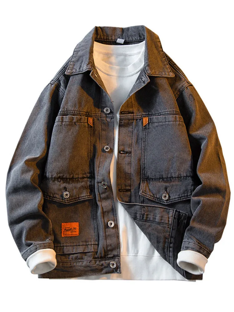 Men Multi Pockets Cargo Denim Jacket Casual Spring Autumn Vintage Long Sleeve Jeans Coat Top Loose Streetwear Outerwear