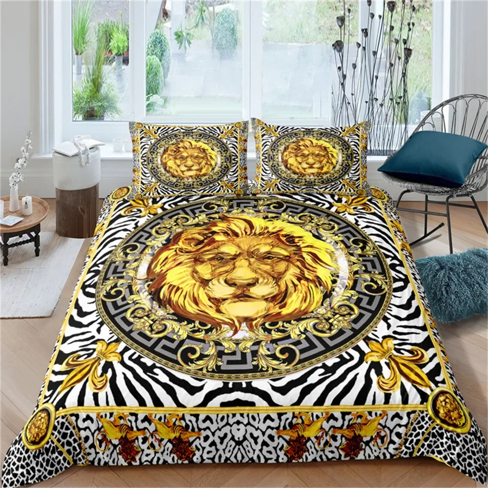 Luxury Baroque Modern Art 3D Golden Lion Print Duvet Cover Set 2/3 Pcs Pillowcase Bedding Set AU/EU/UK/US Queen and King Size