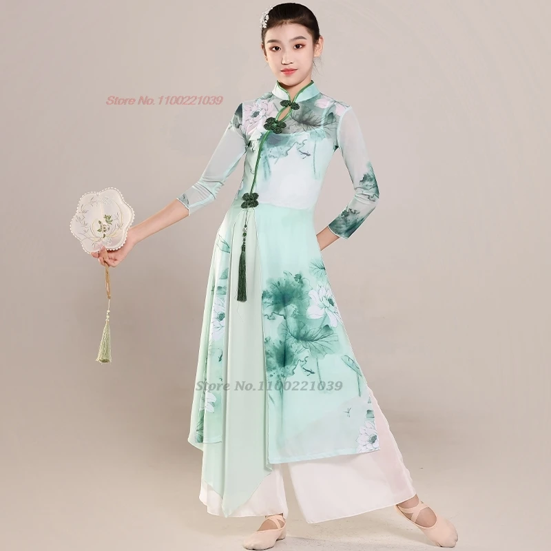 2025 Chinese vintage kinderen volksdans kostuum bloemenprint mesh qipao + broek set vintage jurk podiumvoorstelling kostuum