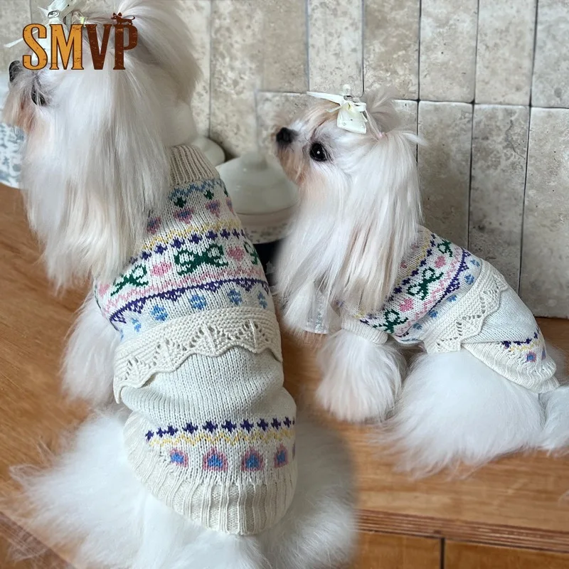 ヴィンテージ風花柄ニットペットタートルネックセーター、レーストリム付き暖かい冬用犬猫プルオーバー、小型ペット用保温服
