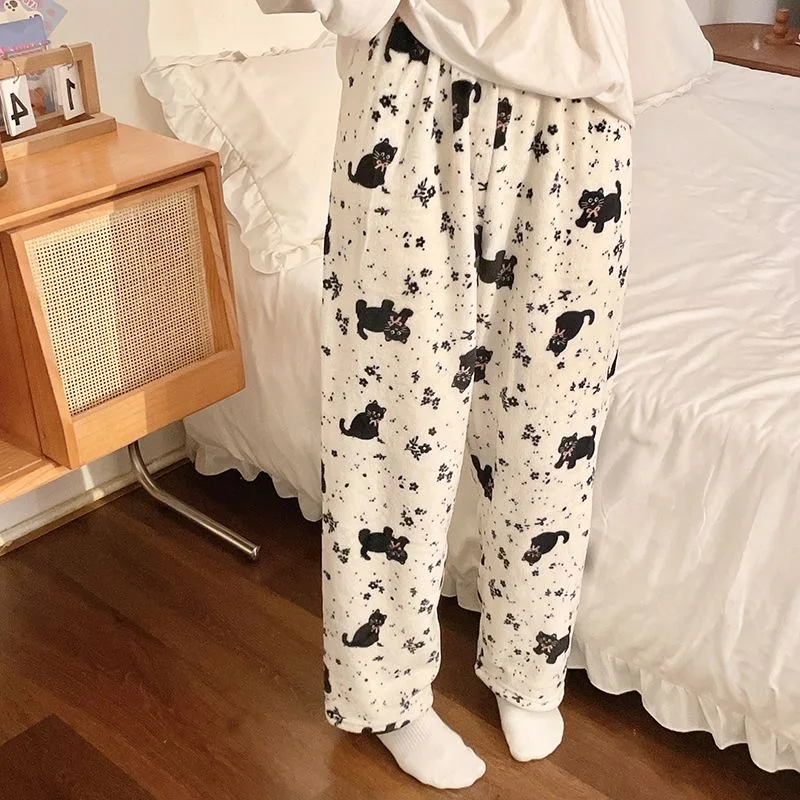 Black Cat Cartoon Pajamas Pants Kawaii Christmas PJS Korean Women Winter Warm Fluffy Flannel Sleepwear Girls Cute PJ Pants