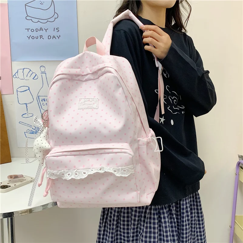 Trendy Dot Pattern School Bag with Compartments&Pendant Multi Pockets Daypack Cute Lightweight Backpacks Commute Studying Pouch