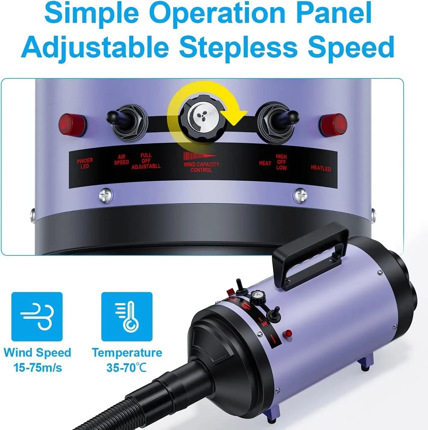 

Dog Grooming Dryer with Heater, 4.3HP High-Power Dog Blower, Variable Speed Adjustable, Low Noise Pet Hair Dryer (Purple)