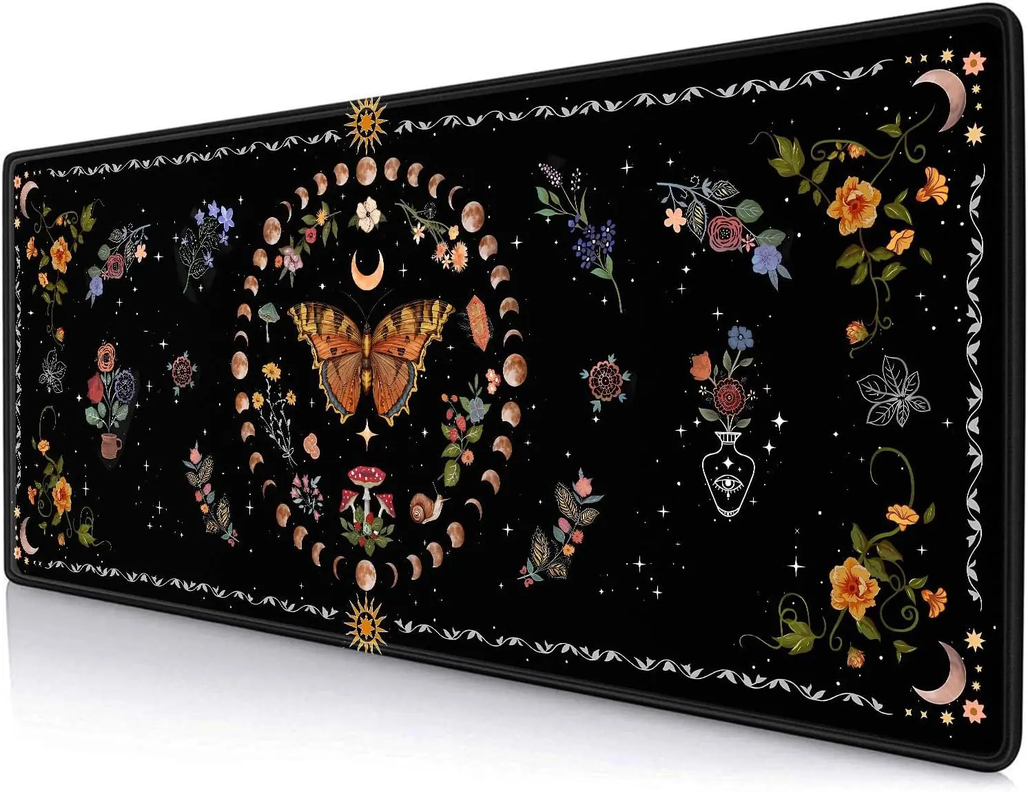 Gothic Moth & Moon Phases Mauspad – Schwarz/Orange Blumen-Schreibtischunterlage für Spiele, Büro und Zuhause