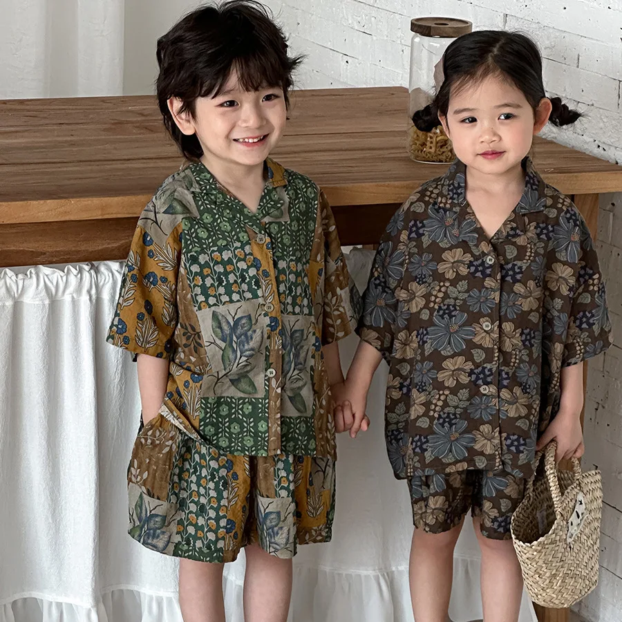 2026 Summer Unisex Kids Floral Shirt 2Pcs Set Retro Vintage Casual Outdoor Breathable Toddler Daily Fashion Matching Outfit