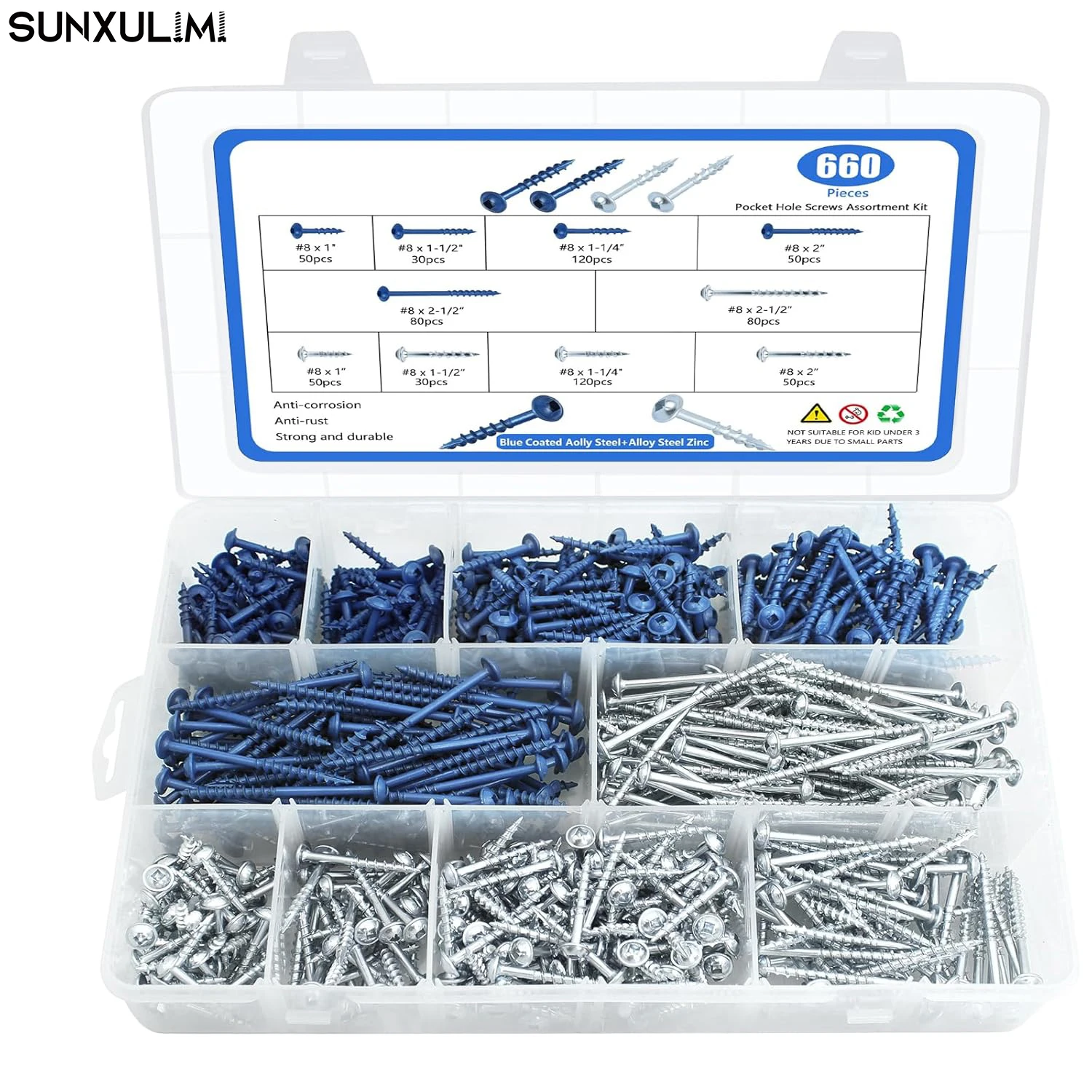 660 PCS Pocket Hole Screws Assortment Kit, 5 Sizes #8 x 1, 1-1/4