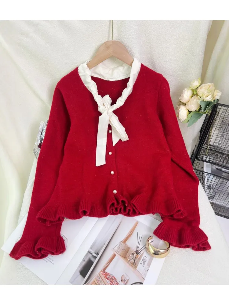 Delikatny sweter rozpinany z dzianiny, wiązany na kokardę, retro, damski, jesienno-zimowy, jednolity kolor, długi rękaw, okrągły dekolt, uniwersalne topy.