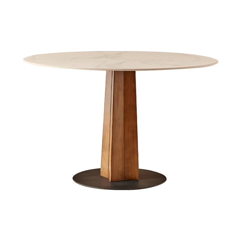 Rock board circular dining table, household small unit round table, leisure solid wood square leg, retro restaurant dining table