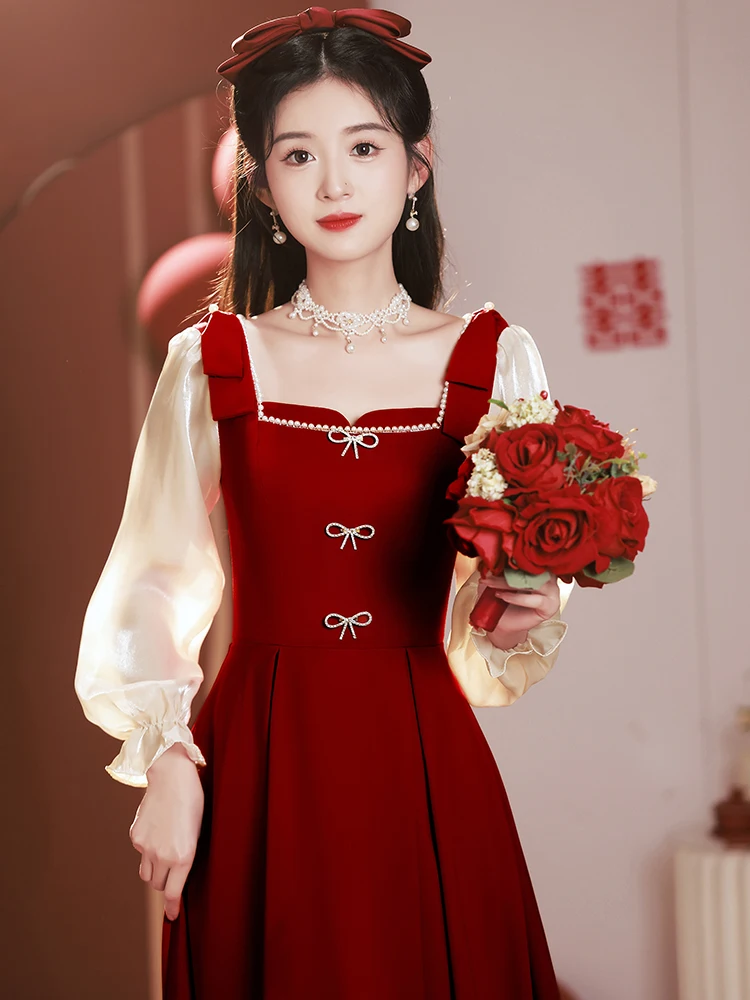

Red Wedding Dr Square Collar Engagement Return Home High Sensation Women's Traditional Chinese Costume Evening Gown