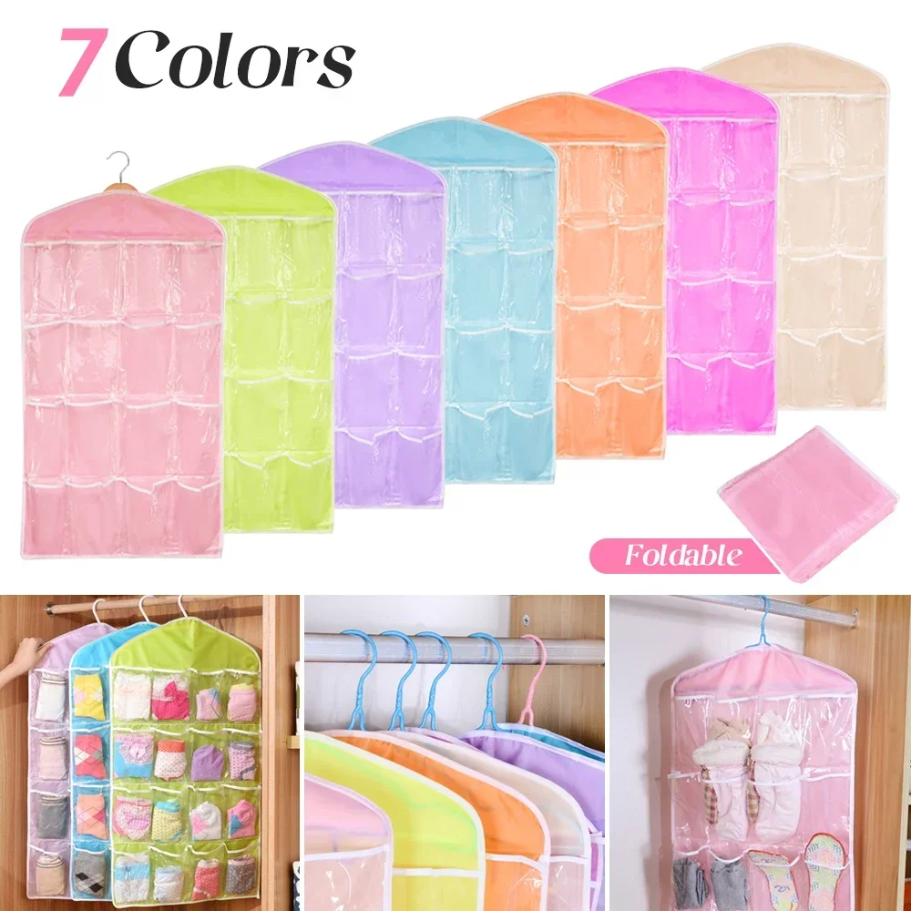 1PC 16 Grid Wall-mounted Clothes Organizer Fabric Closet Bag Storage Rack Mesh Pocket Clear Hanging Over The Wardrobe