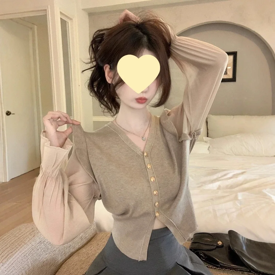 Elegant Color Block V-Neck Knitted Open Cardigan Women's Autumn Long Sleeve Shirt Classic Style Gathered Waist Polyester Fabric