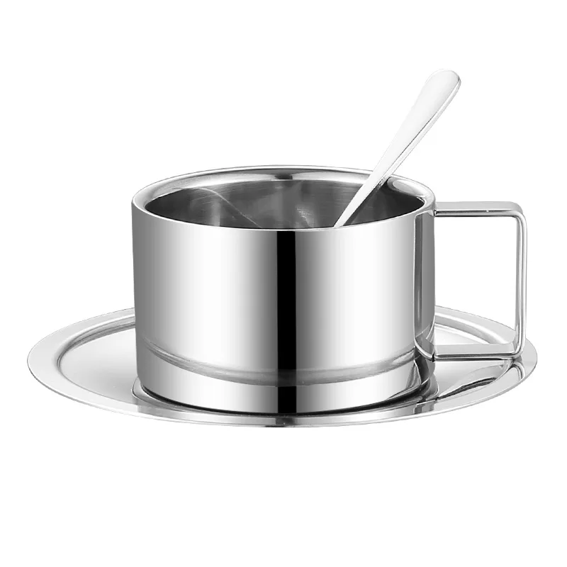 Stainless Steel Coffee Cups Set Double-deck Thermal Insulation Coffee Mug Tea Cups Set Tea Set Milk Mug with Saucer Mat Spoon