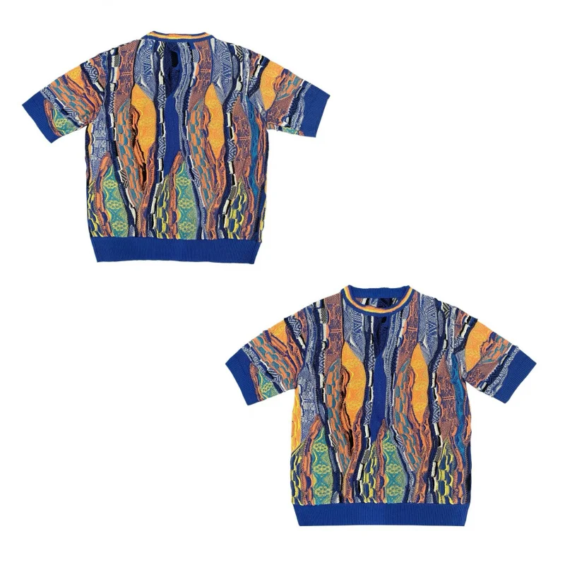 

DAVIDSHAO EU US Size Top Quality Retro Jacquard Ethnic Style Knitted Pullover Short Sleeve Plus Size Winter Sweater