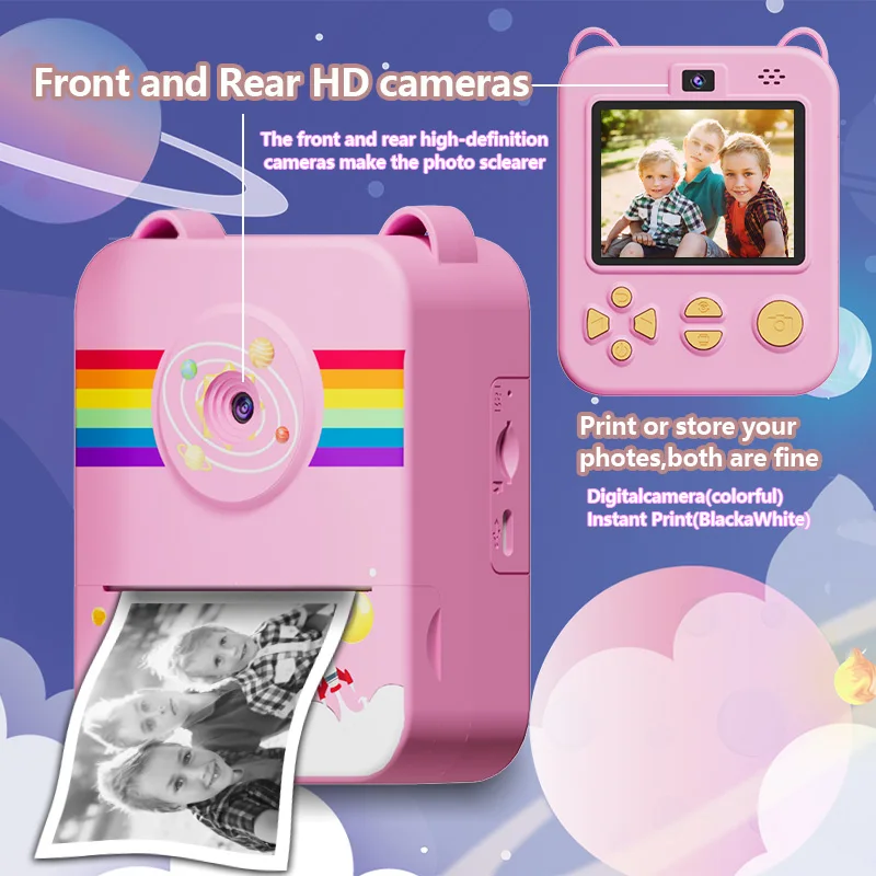 Instant print camera for children, USB charging|Dual lens|1500mAh,selfies&video&educational games,family gatherings&travel gift