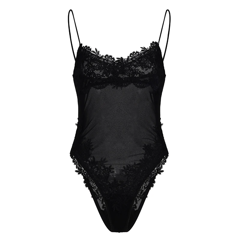 ملابس داخلية شبكية مثيرة مزركشة من الدانتيل شفافة بدون أكمام على شكل حرف v للسيدات موضة صيف 2025 ملابس خروج للسيدات