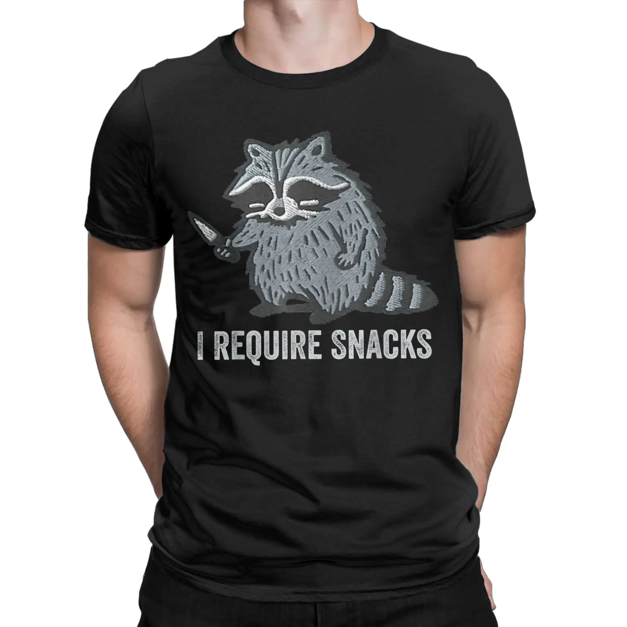 Funny I Require Snacks Animal Raccoon T-Shirt Men Crew Neck Cotton T Shirts  Short Sleeve Tees Gift Idea Clothes