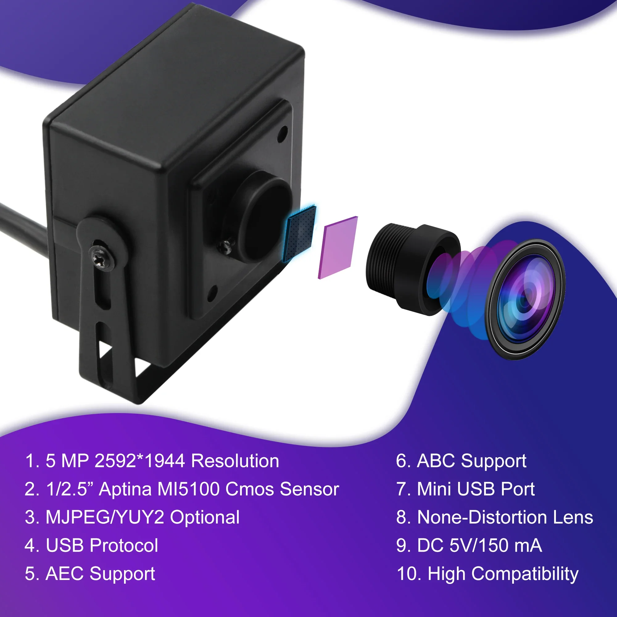 5MP Wide Angle USB Camera CMOS  MI5100 No Distortion M12 Lens Security USB Webcam for Live Streaming,Scanning