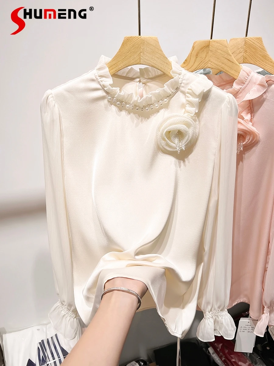 Fashion 2024 New Women's Slimming Stand Collar Beaded Three-Dimensional Flower Solid Color Long Sleeve Women's Spring Blouse