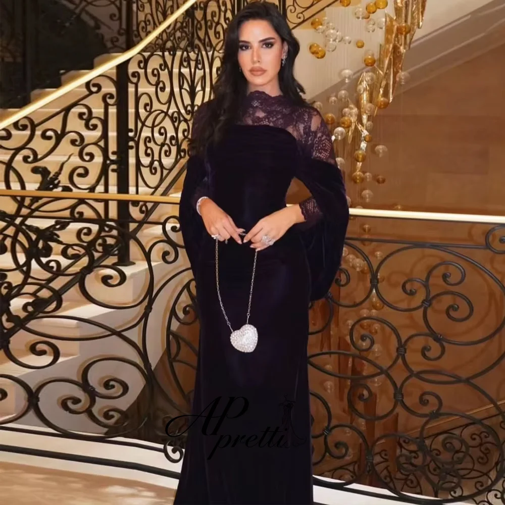 AP pretti Elegant High Neck Cape Sleeve Dark Purple  Formal Evening Gown Customized Velvet Panels Lace Party Gown Prom Gown