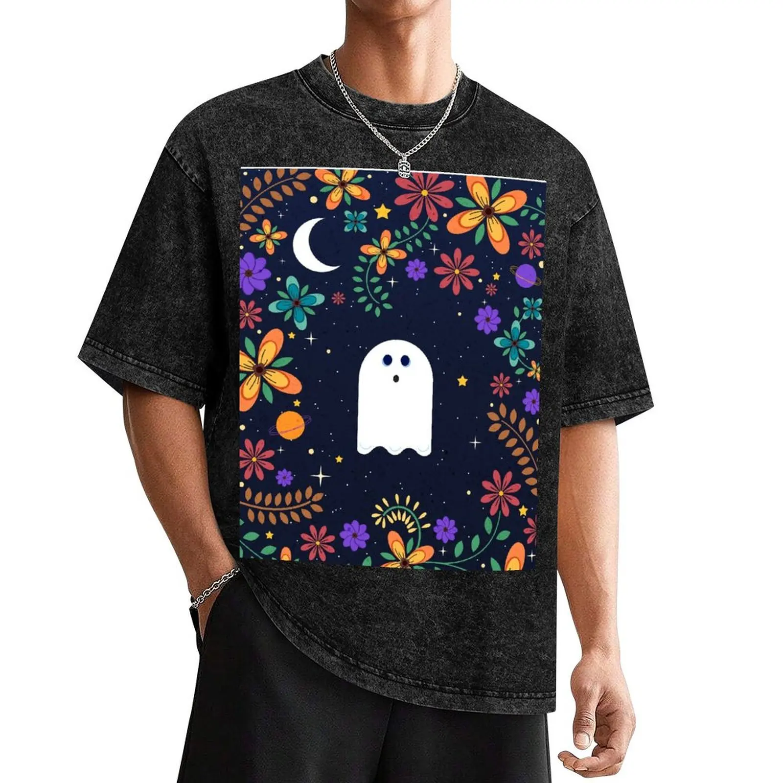 Spoopy Cute Ghost. Halloween Decor. Cute Ghost Dia De Los Muertos. Orange All Hallows Eve Floral Illustration. T-Shirt