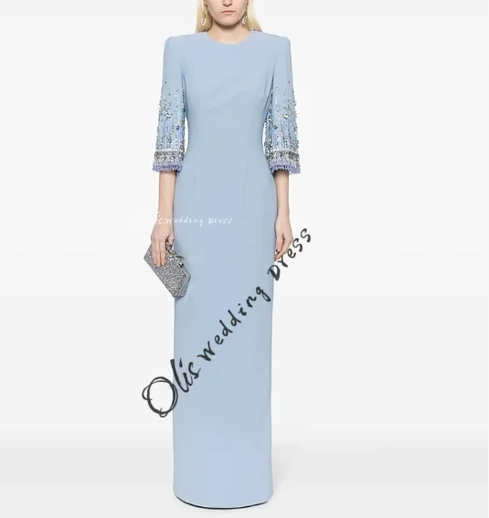

customized Luxury Crystal Beading Half Sleeve Vintage Evening Dress Simple Style Ankle Length Elegant Long Formal Prom Gown