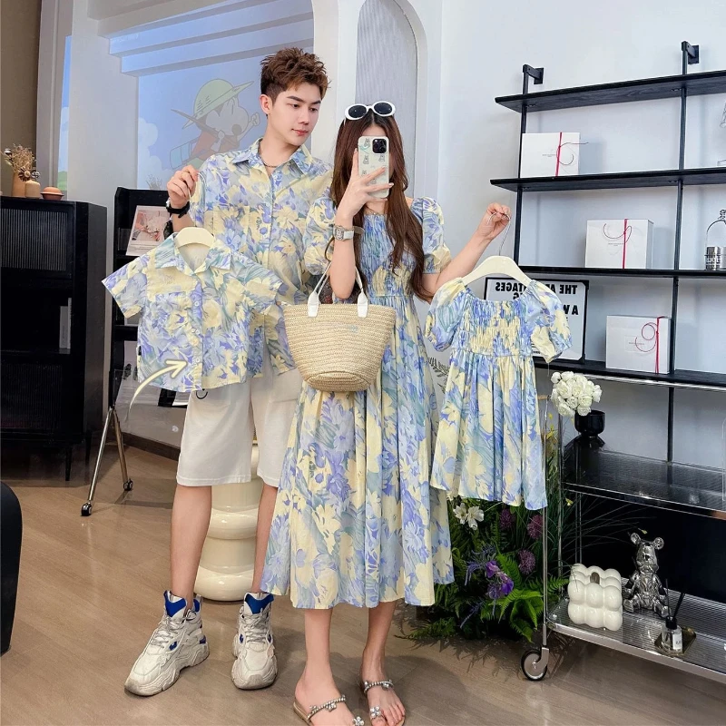 2024 Holiday Look Family Matching Clothes Dad Son Floral Shirts Sister Brother Twins Vacation Mom Daughter Girls Smock Dress