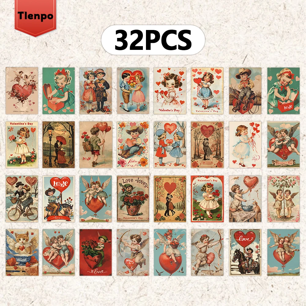 32 Stück Vintage-Valentinstag-Postkarten, Schlafzimmerdekoration für den Innenbereich, Wandaufkleber, Nachrichtenkarten, Grußkarten, Souvenirs