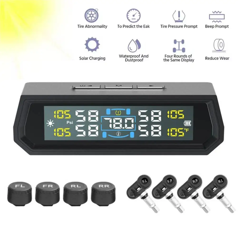 

Car TPMS Tire Pressure Monitoring System Solar/USB Powered 4 Sensors Tire Pressure Temperature Display Smart Safety Alarm System