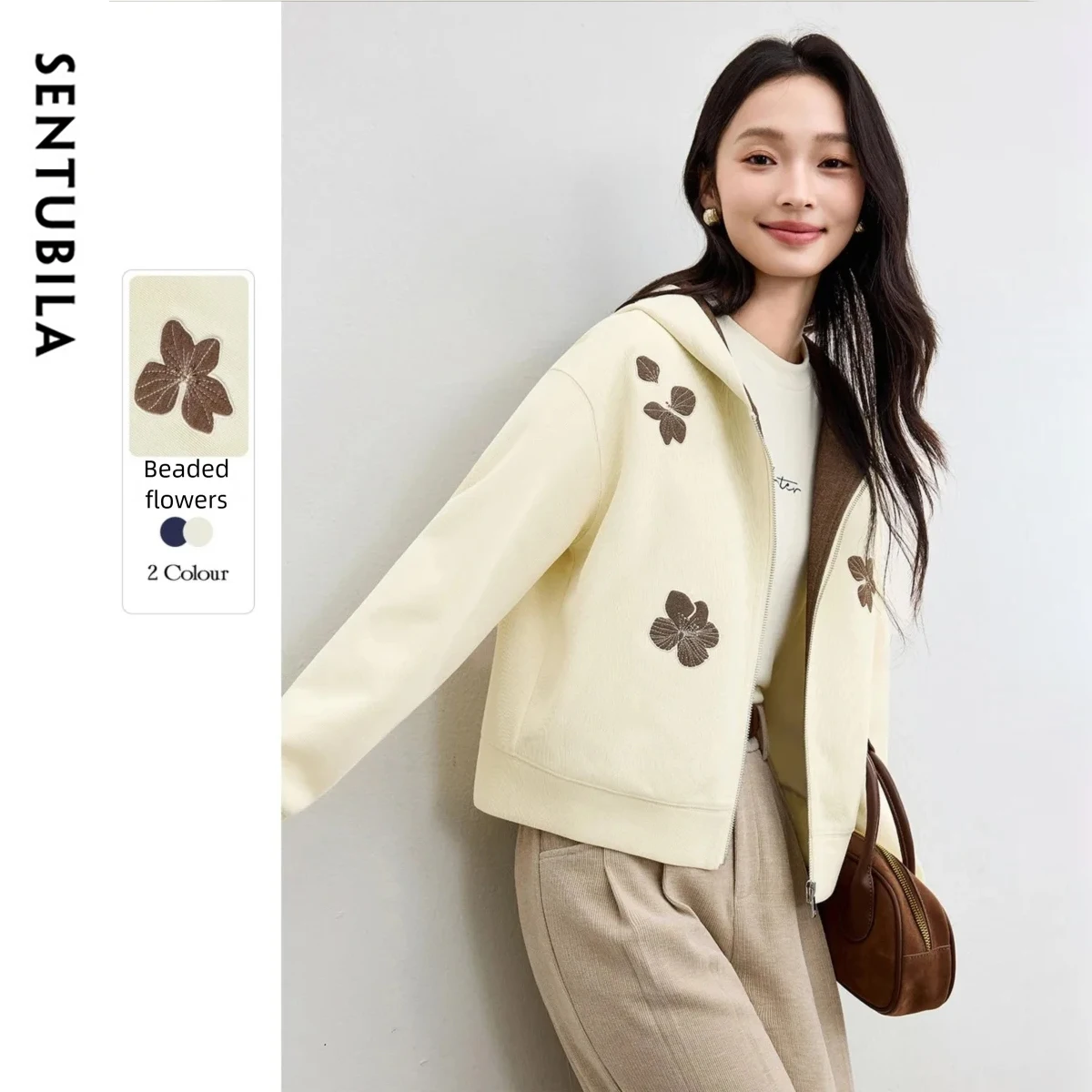 

SENTUBILA Women's Hooded Knit Jacket Autumn 2025 New Beaded Floral Detail Zipper Front Fashion Casual Female Outwear 53WC2565