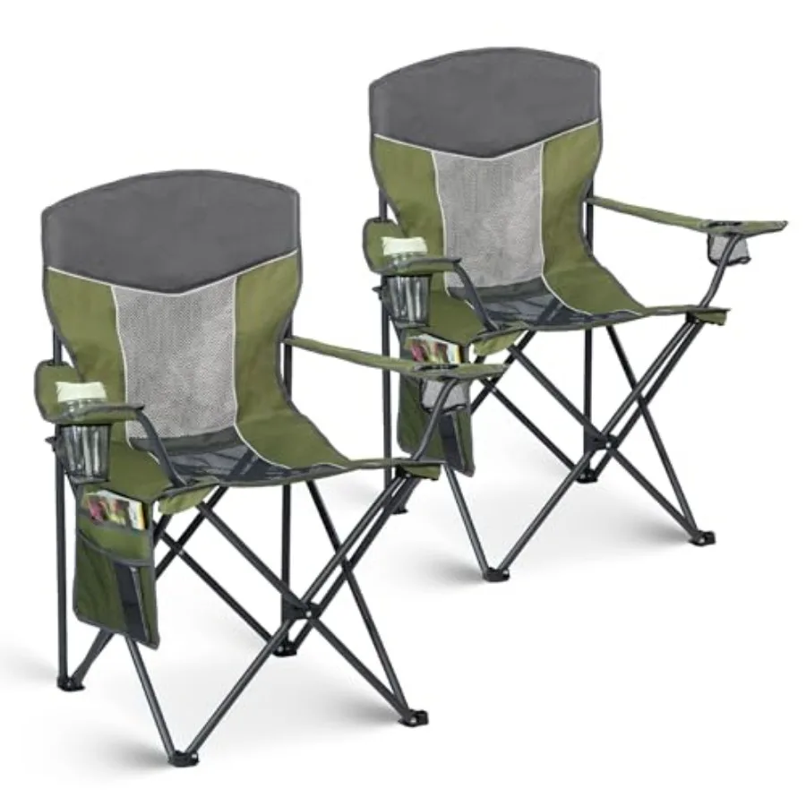 

Outdoor Camping Chair 2-Pack with Mesh Back, Folding Portable Lawn Chairs with Cup Holder and Side Storage Pocket for Camping,