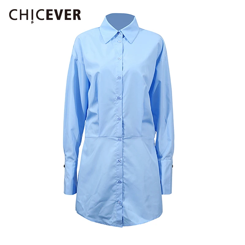 CHICEVER Camicia da donna con temperamento di colore blu Abito con risvolto Manica lunga Bottoni impiombati Casual Versatile Abiti corti Donna Nuovo