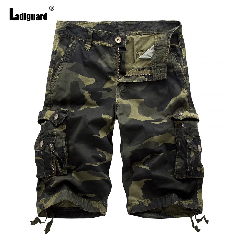 Ladiguard-Calção masculino de camuflagem vintage, bolso com zíper, calça meia de verão, moda exterior, plus size, 2024