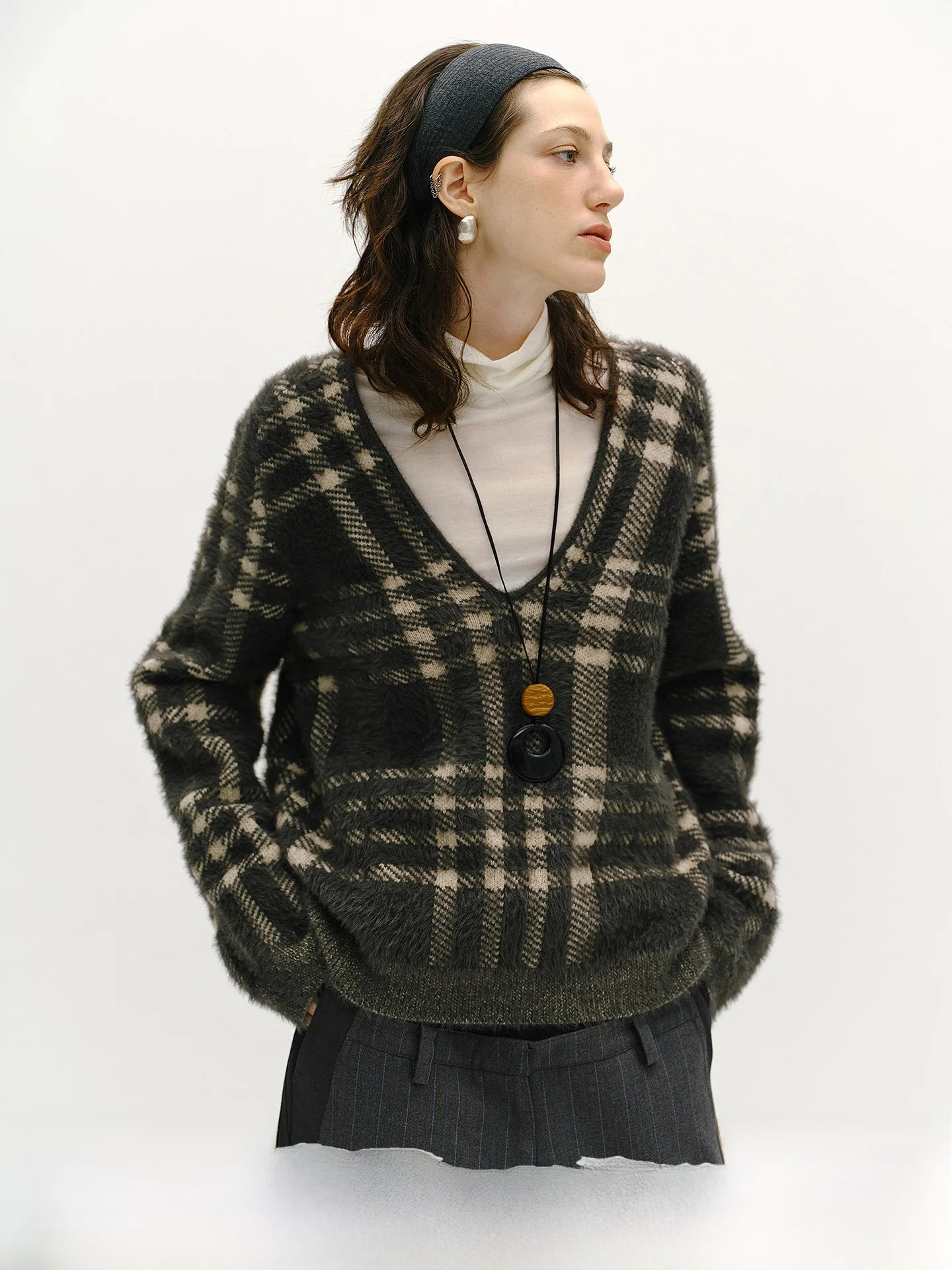 

Женский вязаный свитер TearOcean Lazy Long из вельветовой шерсти в клетку с V-образным вырезом, свободный крой, осенне-зимний, мягкий, теплый, повседневный