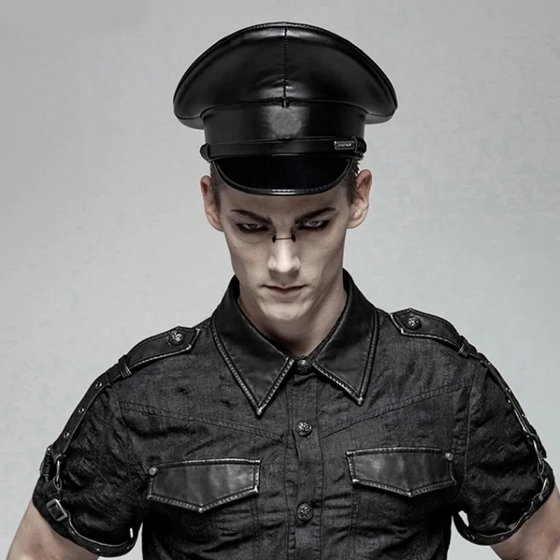 1Pc Unisex PU Leather Captain Cap Prom Performance Big Brimmed Black Hat Bar Cosplay Show Hat Personality Cool Beret Cap