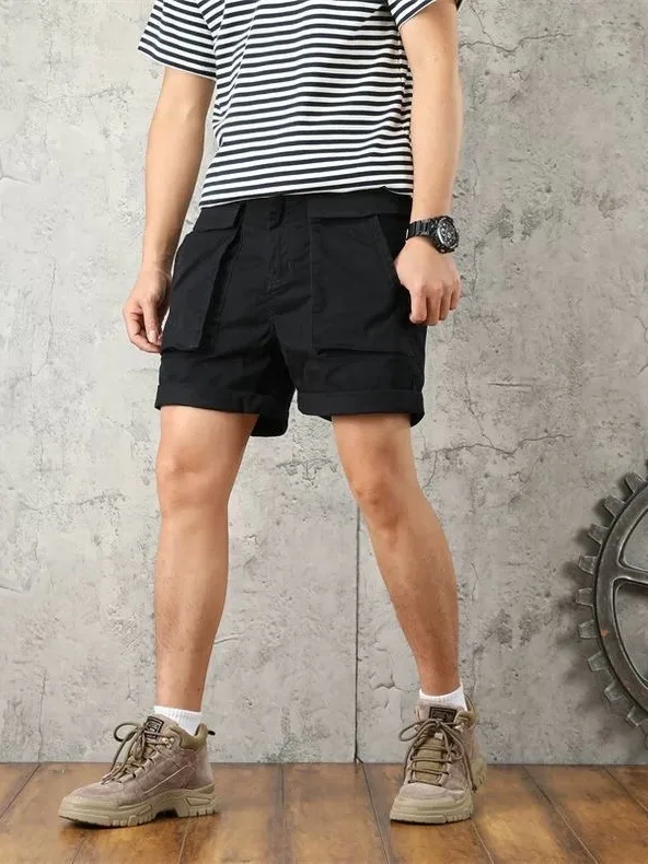 

Летние повседневные мужские хлопковые шорты-бриджи свободного прямого кроя, черные, с множеством карманов, модные, со средней посадкой