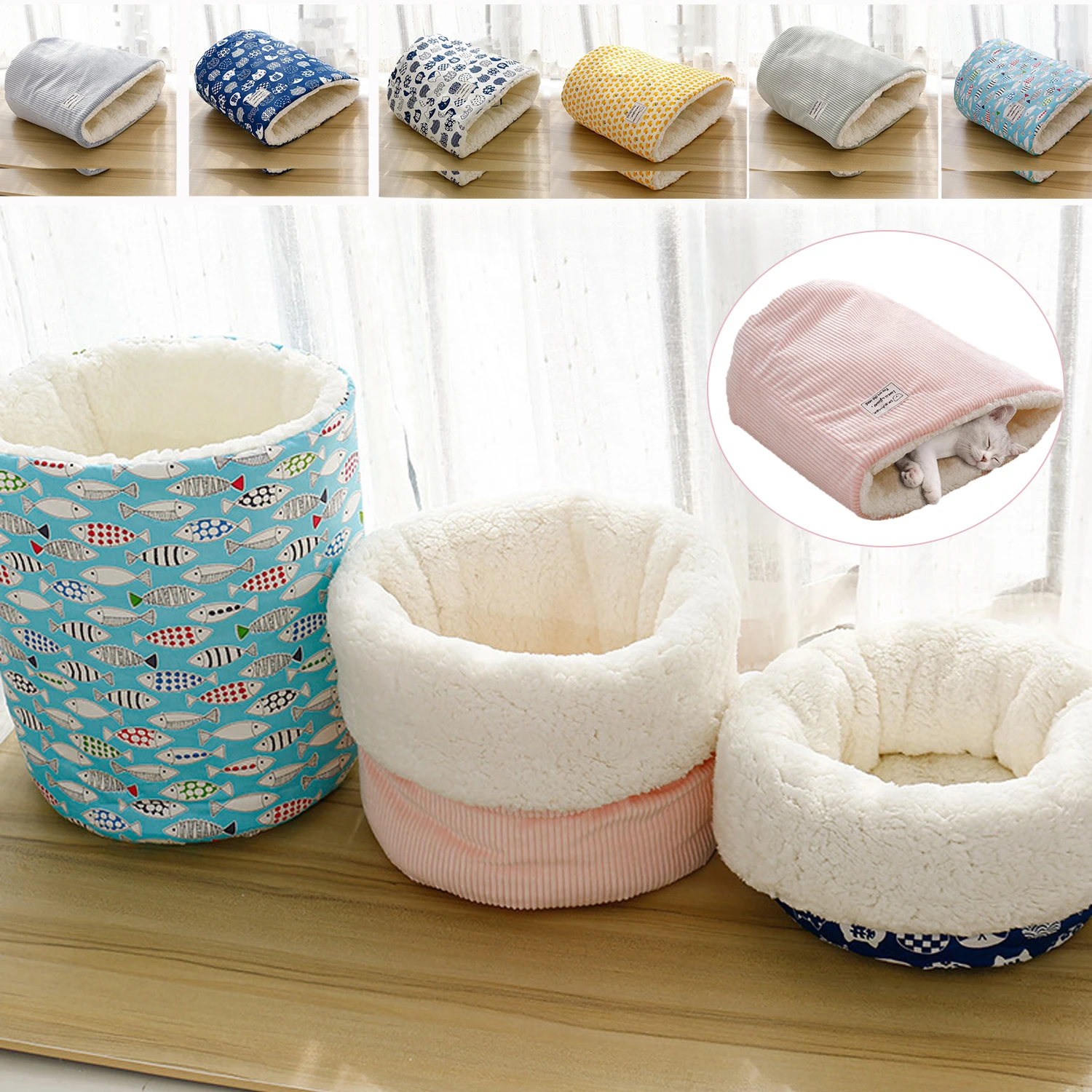 

Thicken Velvet Fabric Basket Soft Comfortable Pet Small Medium House Sleeping Kitten Dog Bag Puppy CatBed Warm Cave Winter Nest