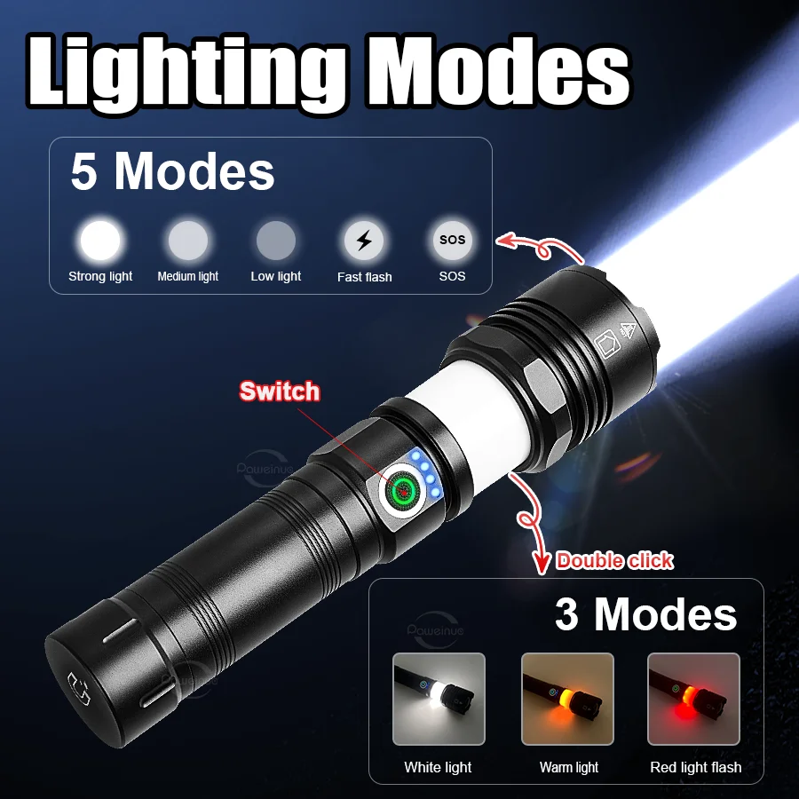 2024 High Power LED Flashlight Strong Light 4500M Long Range Zoom Flashlights Rechargeable USB Tactical  Torch Work Fishing Lamp